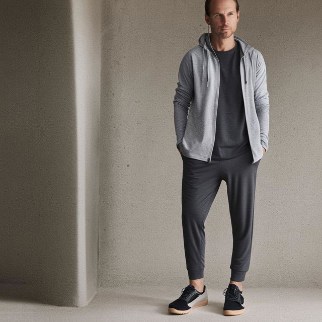 Casual, long sports attire for an adult male, featuring comfort-fit sports trousers, a lightweight long-sleeved top, and a pair of casual sports shoes.