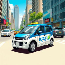 An engaging artwork of a Suzuki S-Presso GL 5P 998cc in an eye-catching blue and white color scheme, designed as a taxi