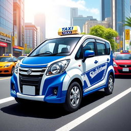 An engaging artwork of a Suzuki S-Presso GL 5P 998cc in an eye-catching blue and white color scheme, designed as a taxi