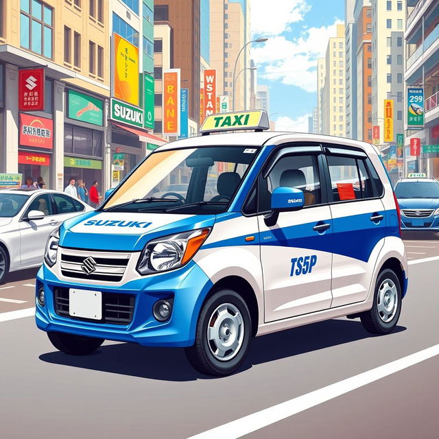 An engaging artwork of a Suzuki S-Presso GL 5P 998cc in an eye-catching blue and white color scheme, designed as a taxi