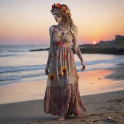 Highly detailed image of a decaying zombie woman in a tattered sundress standing at a beach shoreline, with a colorful floral headpiece, viewed from full body side profile, against a vibrant sunset. Style reminiscent of 'The Walking Dead'.