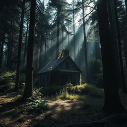 A mysterious and atmospheric forest scene featuring a lonely, abandoned house nestled among tall trees