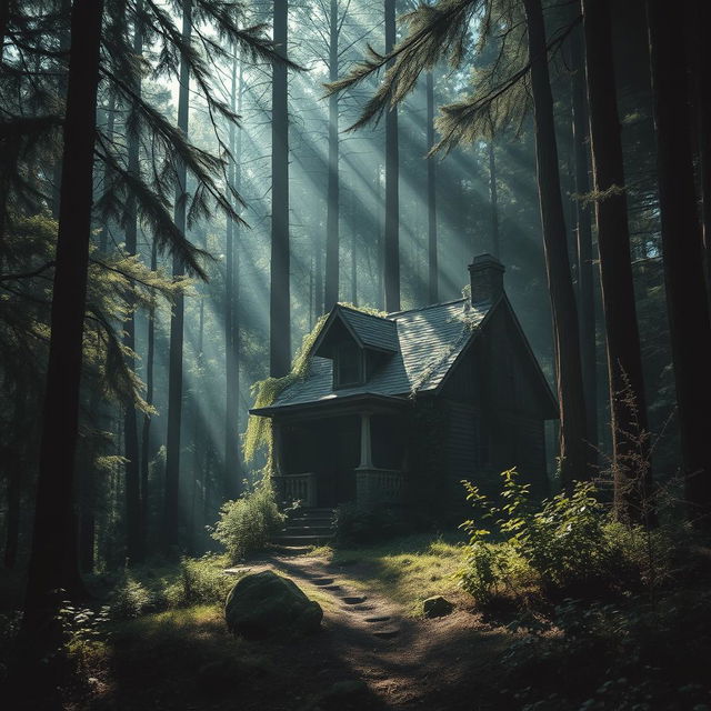 A mysterious and atmospheric forest scene featuring a lonely, abandoned house nestled among tall trees