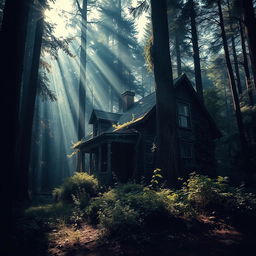 A mysterious and atmospheric forest scene featuring a lonely, abandoned house nestled among tall trees