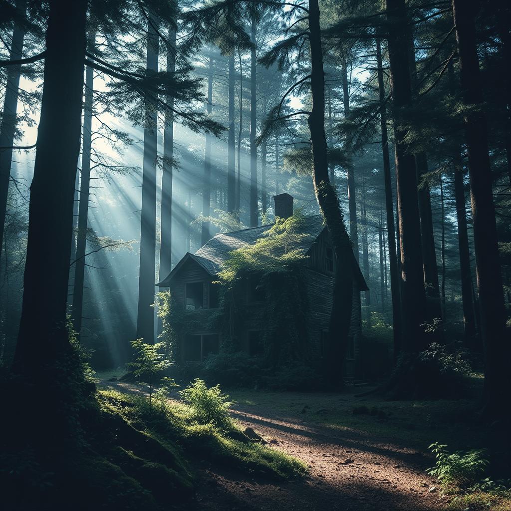 A mysterious and atmospheric forest scene featuring a lonely, abandoned house nestled among tall trees