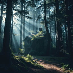 A mysterious and atmospheric forest scene featuring a lonely, abandoned house nestled among tall trees