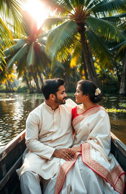A romantic scene depicting a couple in Kerala, India, enjoying a serene backwater setting