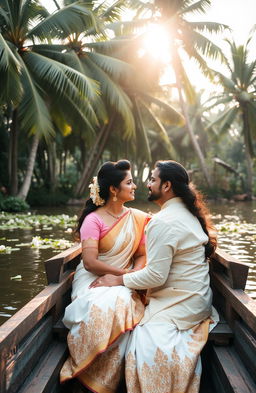 A romantic scene depicting a couple in Kerala, India, enjoying a serene backwater setting