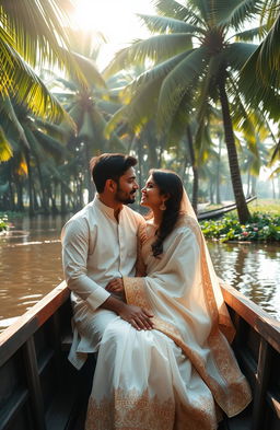 A romantic scene depicting a couple in Kerala, India, enjoying a serene backwater setting