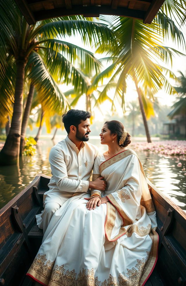 A romantic scene depicting a couple in Kerala, India, enjoying a serene backwater setting