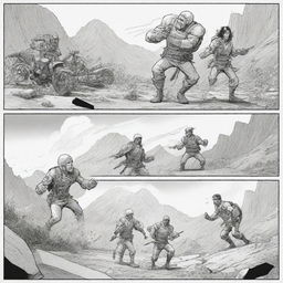 Design a six-panel action-themed comic strip featuring three unique characters. The strip should depict an adrenaline-fueled adventure, intense interactions, and a gripping storyline across each panel.