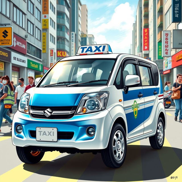 A detailed illustration of a Suzuki S-Presso GL 5P 998cc in an eye-catching blue and white color scheme, designed as a taxi