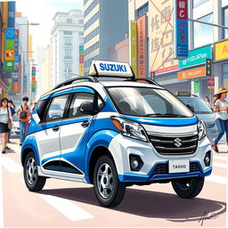 A detailed illustration of a Suzuki S-Presso GL 5P 998cc in an eye-catching blue and white color scheme, designed as a taxi