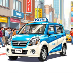 A detailed illustration of a Suzuki S-Presso GL 5P 998cc in an eye-catching blue and white color scheme, designed as a taxi