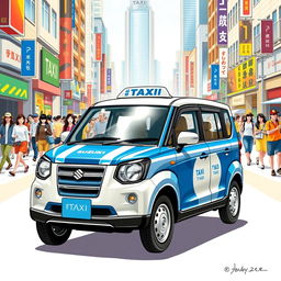 A detailed illustration of a Suzuki S-Presso GL 5P 998cc in an eye-catching blue and white color scheme, designed as a taxi