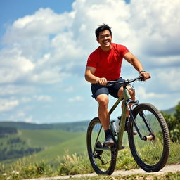 A large, muscular man joyfully riding a sleek mountain bike along a scenic trail