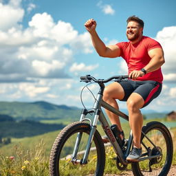 A large, muscular man joyfully riding a sleek mountain bike along a scenic trail