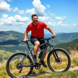 A large, muscular man joyfully riding a sleek mountain bike along a scenic trail