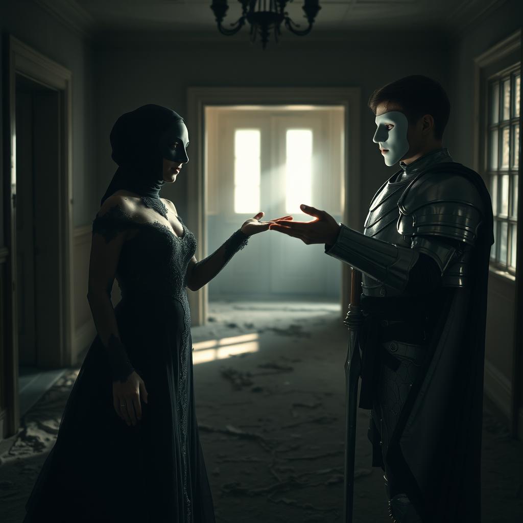 Inside an empty, abandoned house, a mysterious scene unfolds featuring a woman dressed in an elegant black gown, adorned with intricate lace and flowing fabric