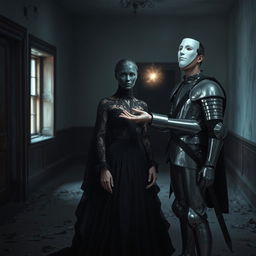 Inside an empty, abandoned house, a mysterious scene unfolds featuring a woman dressed in an elegant black gown, adorned with intricate lace and flowing fabric