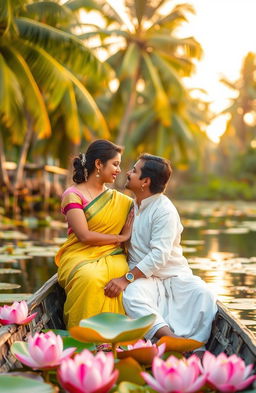 A romantic scene between a couple in Kerala, India, set against the backdrop of lush green palm trees and serene backwaters
