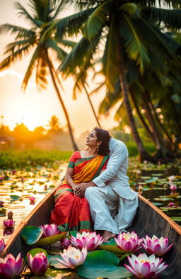 A romantic scene between a couple in Kerala, India, set against the backdrop of lush green palm trees and serene backwaters