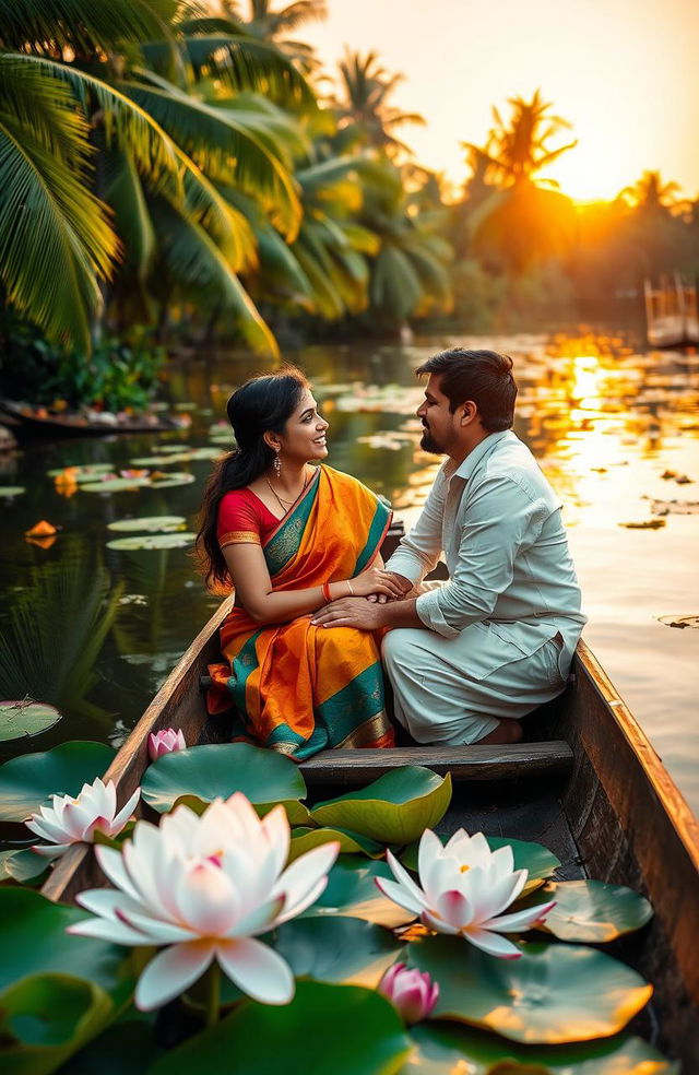 A romantic scene between a couple in Kerala, India, set against the backdrop of lush green palm trees and serene backwaters