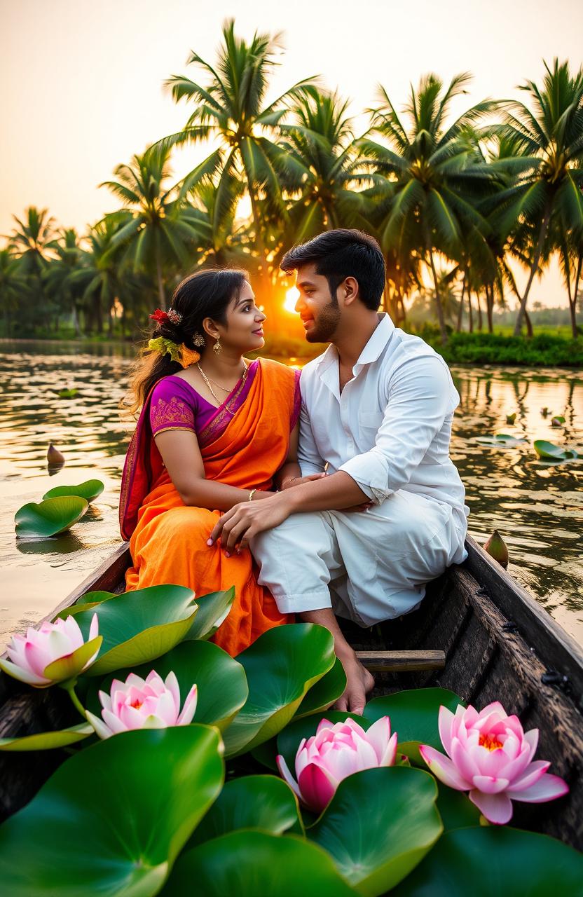 A romantic scene between a couple in Kerala, India, set against the backdrop of lush green palm trees and serene backwaters