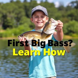 A vibrant vertical thumbnail capturing a young fisherman standing on the shore, proudly holding a large bass fish with both hands, exhibiting an expression of pure joy and excitement after the catch