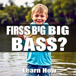 A vibrant vertical thumbnail capturing a young fisherman standing on the shore, proudly holding a large bass fish with both hands, exhibiting an expression of pure joy and excitement after the catch