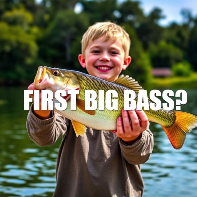 A vibrant vertical thumbnail capturing a young fisherman standing on the shore, proudly holding a large bass fish with both hands, exhibiting an expression of pure joy and excitement after the catch