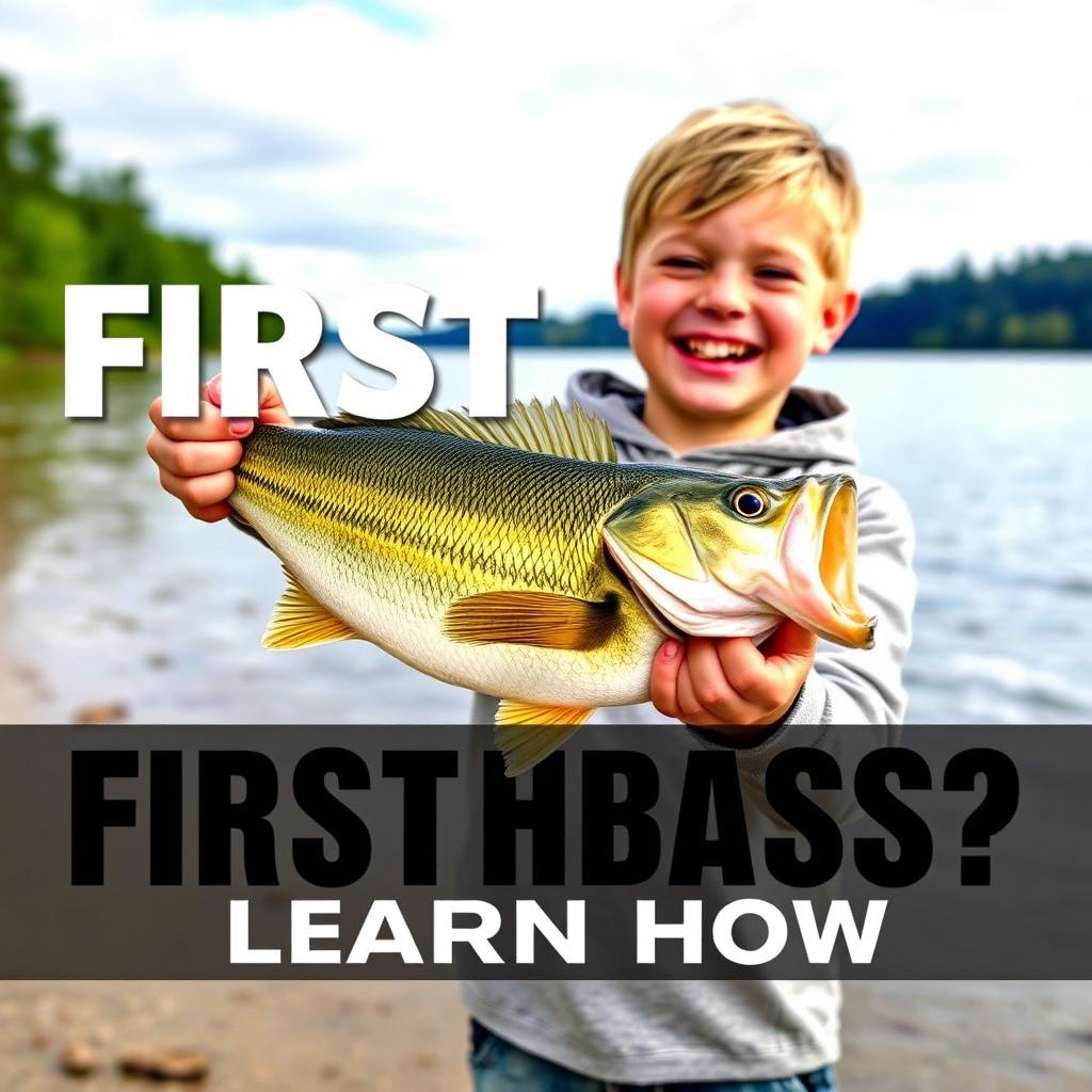 A vibrant vertical thumbnail capturing a young fisherman standing on the shore, proudly holding a large bass fish with both hands, exhibiting an expression of pure joy and excitement after the catch