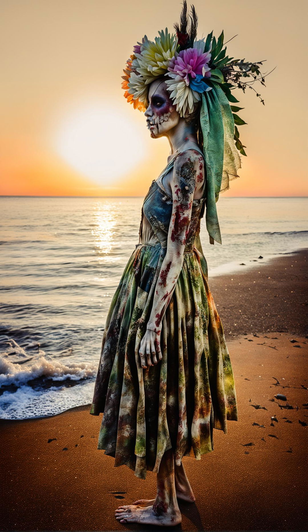 Decaying zombie woman in tattered sundress and vibrant floral headpiece standing at beach shoreline staring at sunset. Full body side profile view. Ultra detailed waves and shoreline. 36k resolution raw photograph in the style of 'The Walking Dead'.