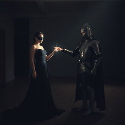 Inside an empty, desolate house, a captivating scene unfolds featuring a woman dressed in a stunning black gown that flows elegantly around her