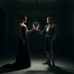 Inside an empty, desolate house, a captivating scene unfolds featuring a woman dressed in a stunning black gown that flows elegantly around her