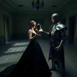 Inside an empty, desolate house, a captivating scene unfolds featuring a woman dressed in a stunning black gown that flows elegantly around her
