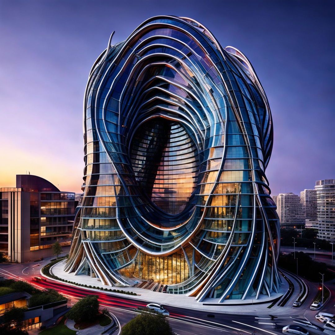 Ultra-high resolution architectural photograph of a double helix-shaped building at dusk, with hyper-detailed glass and steel exterior reflecting the cityscape.