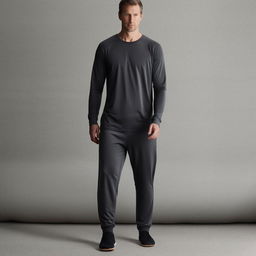 Casual, long sports attire for an adult male, featuring comfort-fit sports trousers, a lightweight long-sleeved top, and a pair of casual sports shoes.