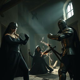 Inside a dimly lit, abandoned house, an epic battle unfolds