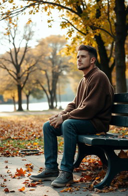 A lonely man sitting on a park bench, gazing thoughtfully into the distance, surrounded by falling autumn leaves