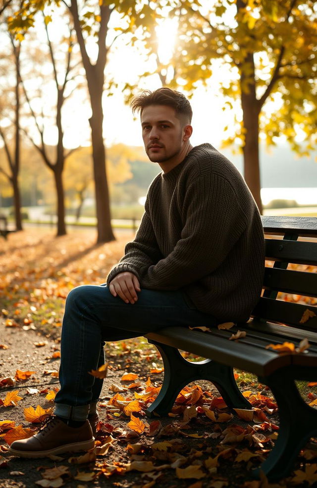 A lonely man sitting on a park bench, gazing thoughtfully into the distance, surrounded by falling autumn leaves