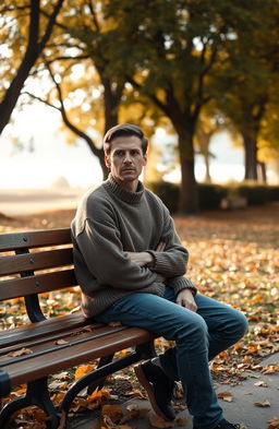 A lonely man sitting on a park bench, gazing thoughtfully into the distance, surrounded by falling autumn leaves