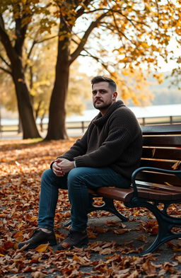 A lonely man sitting on a park bench, gazing thoughtfully into the distance, surrounded by falling autumn leaves