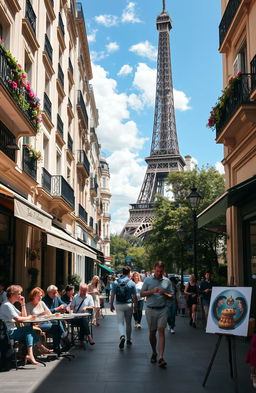 A vibrant street scene in Paris, showcasing a sunny afternoon on a bustling sidewalk lined with classic Parisian cafes, people enjoying coffee and pastries at outdoor tables, a couple strolling hand in hand, and street artists painting nearby