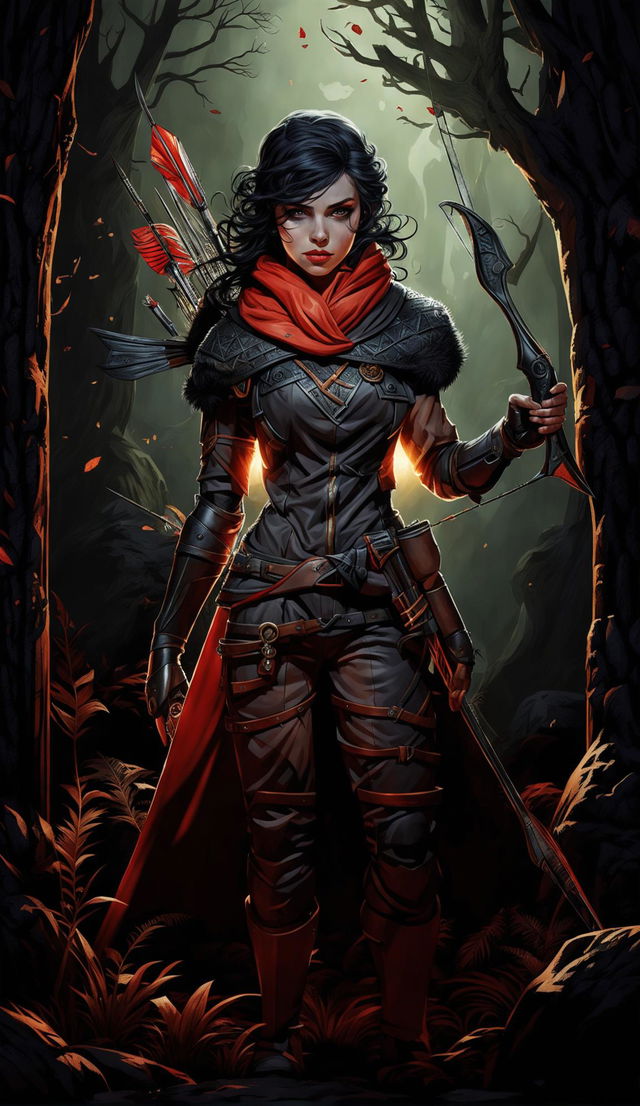 High-resolution DND art of a female Ranger. She is poised with a detailed bow, her eyes intense and focused. Her attire is intricate, black and red, blending with the shadowy forest background. The image is highly detailed, with a strong composition and dramatic lighting.