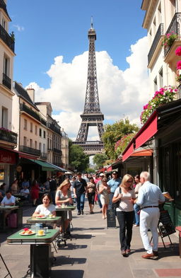 A vibrant street scene in Paris, showcasing a sunny afternoon on a bustling sidewalk lined with classic Parisian cafes, people enjoying coffee and pastries at outdoor tables, a couple strolling hand in hand, and street artists painting nearby