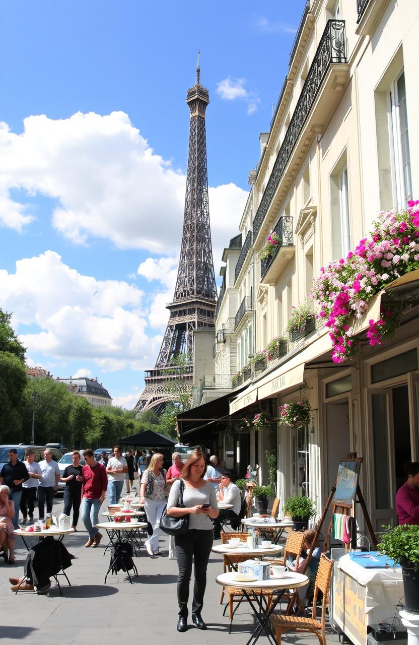 A vibrant street scene in Paris, showcasing a sunny afternoon on a bustling sidewalk lined with classic Parisian cafes, people enjoying coffee and pastries at outdoor tables, a couple strolling hand in hand, and street artists painting nearby