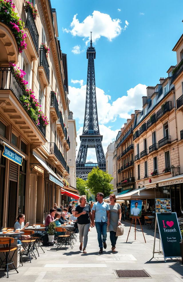 A vibrant street scene in Paris, showcasing a sunny afternoon on a bustling sidewalk lined with classic Parisian cafes, people enjoying coffee and pastries at outdoor tables, a couple strolling hand in hand, and street artists painting nearby