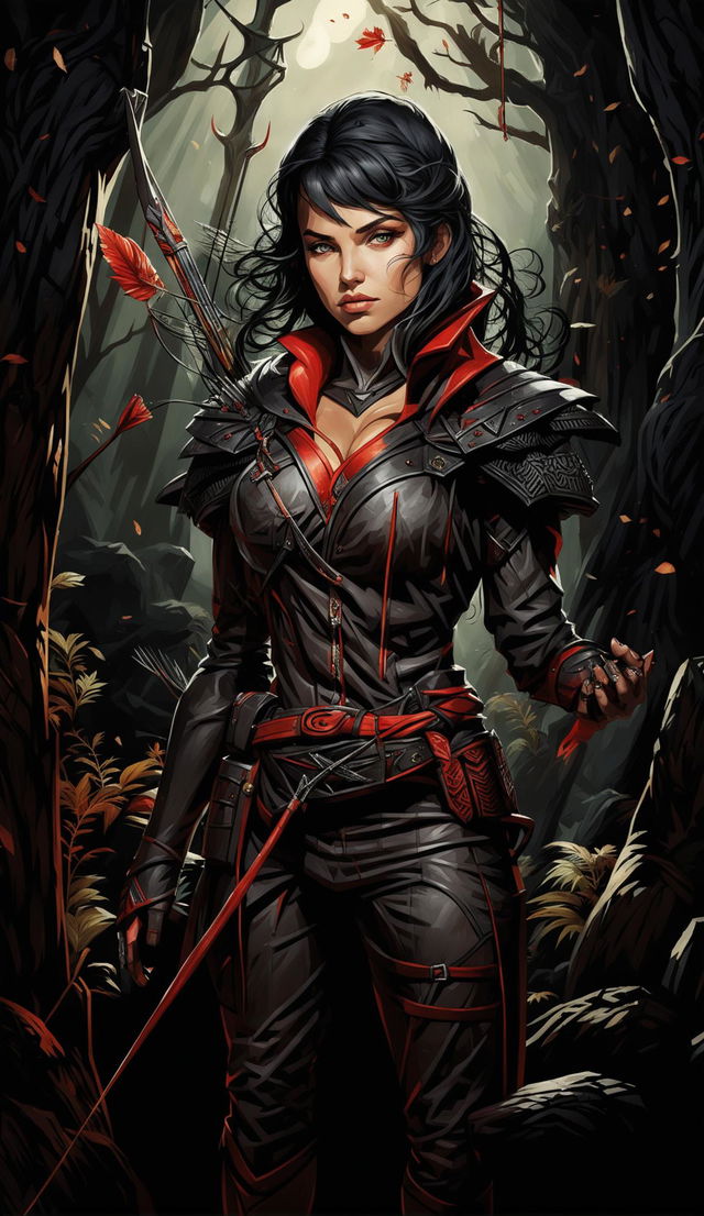 Ultra-high-resolution DND art of a female Ranger. She is poised with an ornate bow, her eyes radiating intensity. Her attire is a complex blend of black and red, harmonizing with the shadowy forest background. The image is extraordinarily detailed, with a powerful composition and dramatic lighting.