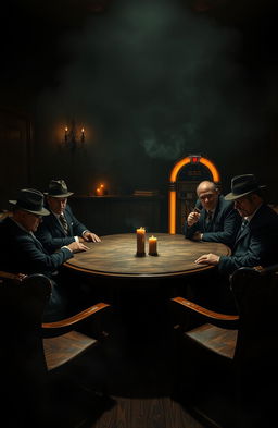 A dark, atmospheric scene set in a gritty mafia environment